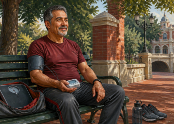 Hombre de mediana edad descansa en un banco de parque mientras mide su presión arterial con un brazalete y un monitor portátil después de hacer ejercicio.