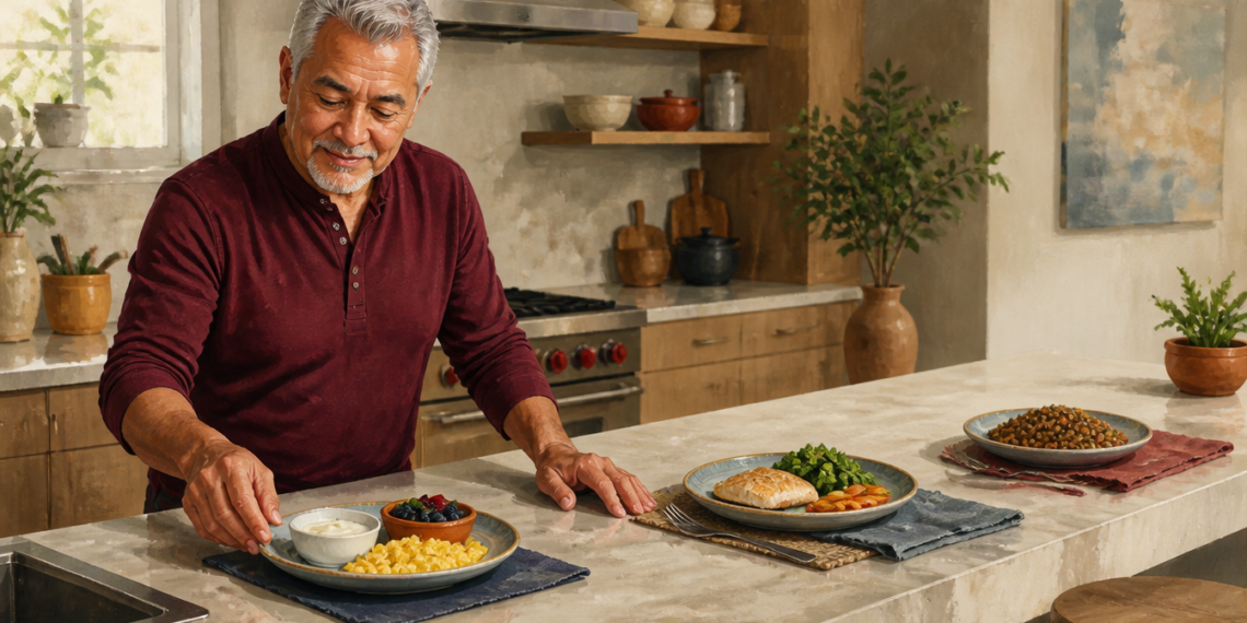 Hombre mayor preparando varias comidas en una cocina, con un plato de huevos, yogur y frutos rojos, otro con pescado y verduras, y un tercero con legumbres.
