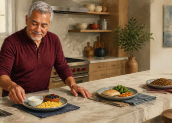 Hombre mayor preparando varias comidas en una cocina, con un plato de huevos, yogur y frutos rojos, otro con pescado y verduras, y un tercero con legumbres.