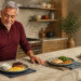 Hombre mayor preparando varias comidas en una cocina, con un plato de huevos, yogur y frutos rojos, otro con pescado y verduras, y un tercero con legumbres.