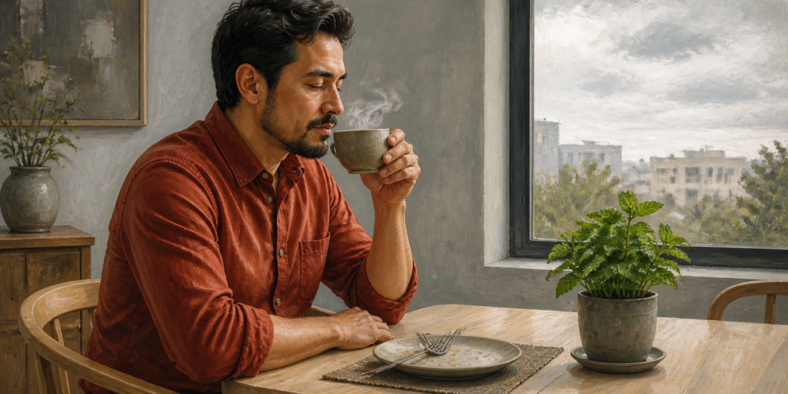 Hombre sentado a una mesa bebiendo una infusión caliente junto a una maceta con una planta de hojas verdes, en un ambiente doméstico iluminado por luz natural.