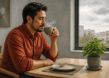 Hombre sentado a una mesa bebiendo una infusión caliente junto a una maceta con una planta de hojas verdes, en un ambiente doméstico iluminado por luz natural.