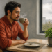 Hombre sentado a una mesa bebiendo una infusión caliente junto a una maceta con una planta de hojas verdes, en un ambiente doméstico iluminado por luz natural.