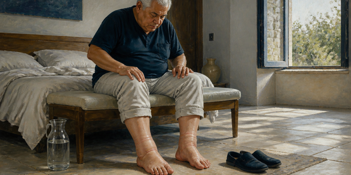 Hombre mayor sentado en el borde de la cama observa sus tobillos visiblemente hinchados al despertar, con una jarra de agua y unos zapatos en el suelo.