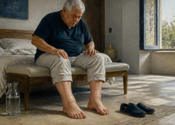 Hombre mayor sentado en el borde de la cama observa sus tobillos visiblemente hinchados al despertar, con una jarra de agua y unos zapatos en el suelo.