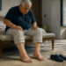 Hombre mayor sentado en el borde de la cama observa sus tobillos visiblemente hinchados al despertar, con una jarra de agua y unos zapatos en el suelo.