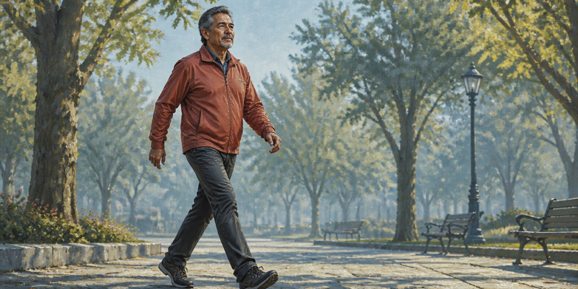 Hombre de mediana edad caminando a paso firme por un parque arbolado, vestido con chaqueta rojiza, pantalón oscuro y zapatillas deportivas.