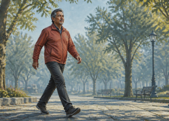 Hombre de mediana edad caminando a paso firme por un parque arbolado, vestido con chaqueta rojiza, pantalón oscuro y zapatillas deportivas.