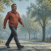 Hombre de mediana edad caminando a paso firme por un parque arbolado, vestido con chaqueta rojiza, pantalón oscuro y zapatillas deportivas.