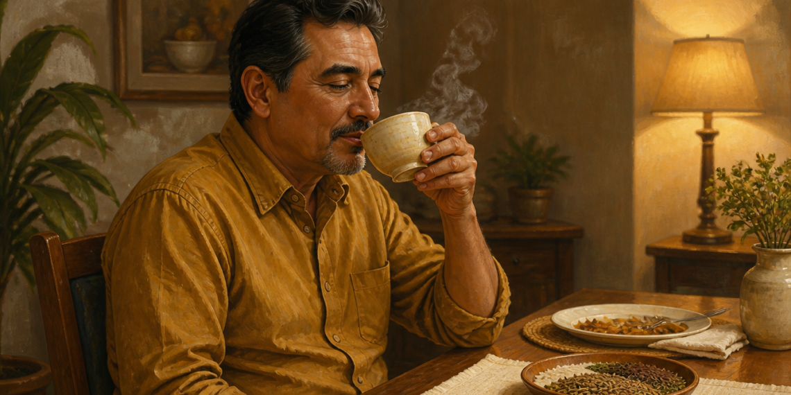 Hombre sentado a la mesa bebiendo una infusión caliente, con vapor visible, junto a un plato con semillas y especias en un ambiente doméstico iluminado con luz cálida.