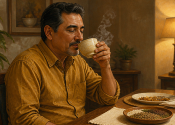 Hombre sentado a la mesa bebiendo una infusión caliente, con vapor visible, junto a un plato con semillas y especias en un ambiente doméstico iluminado con luz cálida.