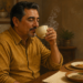 Hombre sentado a la mesa bebiendo una infusión caliente, con vapor visible, junto a un plato con semillas y especias en un ambiente doméstico iluminado con luz cálida.