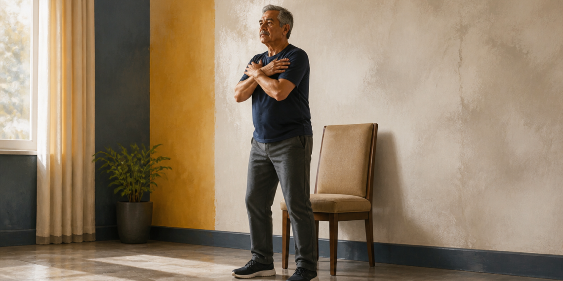 Hombre mayor de pie frente a una silla con los brazos cruzados sobre el pecho, preparado para realizar una prueba de levantarse sin usar las manos.