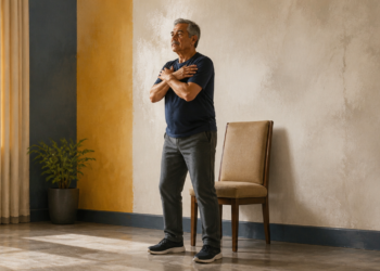 Hombre mayor de pie frente a una silla con los brazos cruzados sobre el pecho, preparado para realizar una prueba de levantarse sin usar las manos.