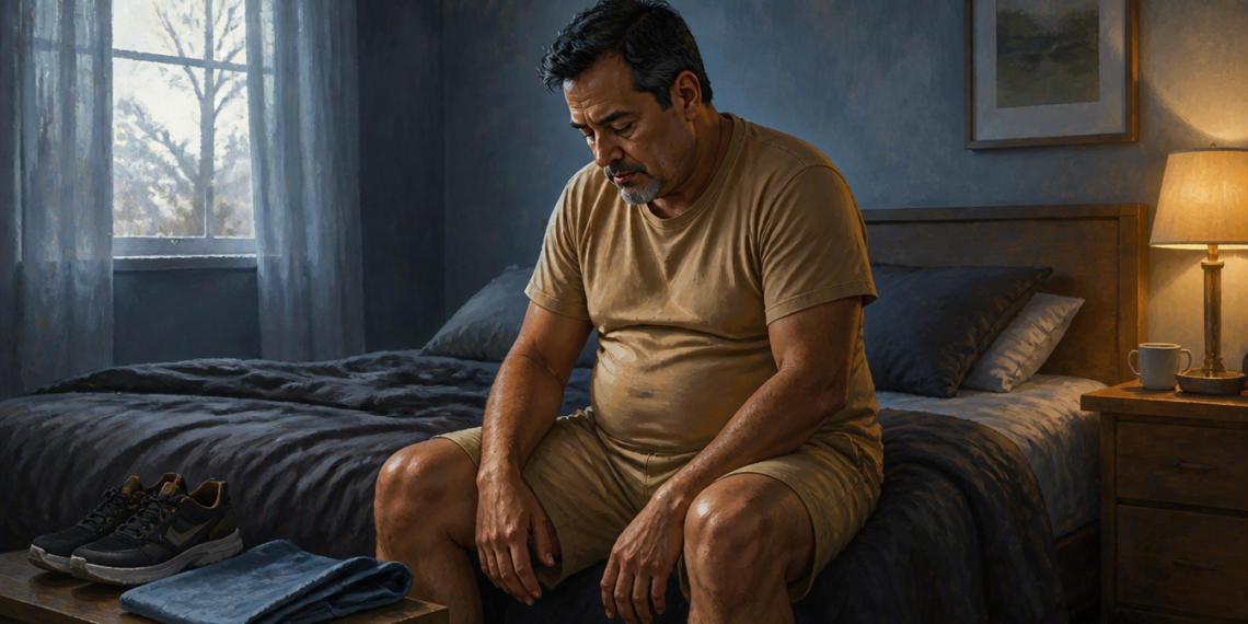 Hombre de mediana edad sentado en el borde de la cama con postura cansada y mirada baja, junto a unas zapatillas deportivas y ropa preparada en un banco.