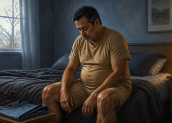Hombre de mediana edad sentado en el borde de la cama con postura cansada y mirada baja, junto a unas zapatillas deportivas y ropa preparada en un banco.
