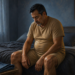 Hombre de mediana edad sentado en el borde de la cama con postura cansada y mirada baja, junto a unas zapatillas deportivas y ropa preparada en un banco.