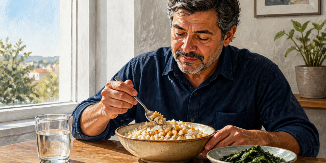 Hombre sentado a la mesa comiendo un plato de garbanzos con arroz, acompañado por verduras de hoja verde y un vaso de agua.