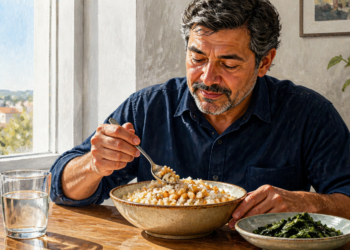 Hombre sentado a la mesa comiendo un plato de garbanzos con arroz, acompañado por verduras de hoja verde y un vaso de agua.
