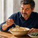 Hombre sentado a la mesa comiendo un plato de garbanzos con arroz, acompañado por verduras de hoja verde y un vaso de agua.