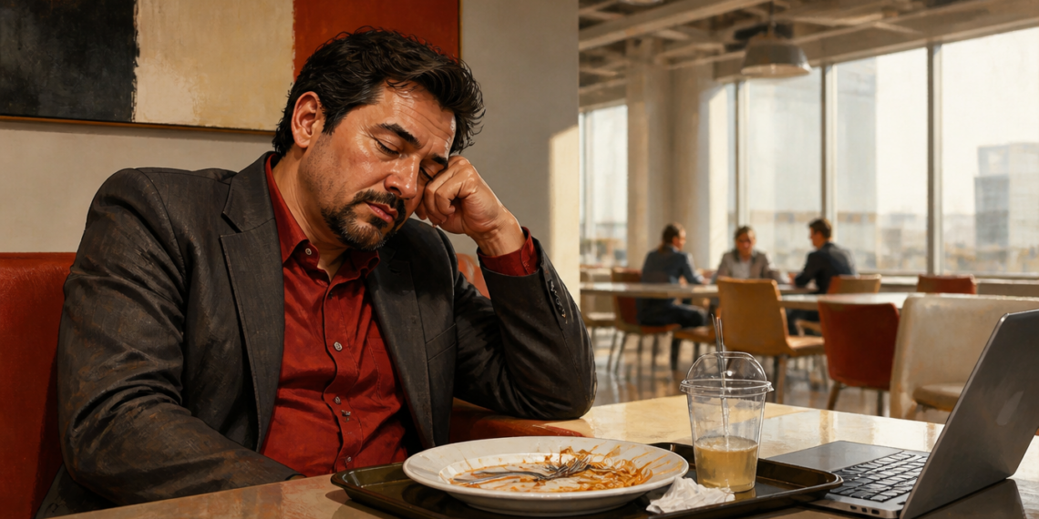 Hombre sentado en una cafetería apoya la cabeza sobre una mano con expresión de cansancio después de comer, frente a un plato vacío y un ordenador portátil.