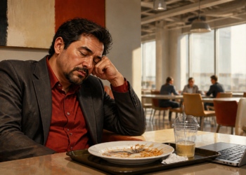 Hombre sentado en una cafetería apoya la cabeza sobre una mano con expresión de cansancio después de comer, frente a un plato vacío y un ordenador portátil.
