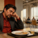 Hombre sentado en una cafetería apoya la cabeza sobre una mano con expresión de cansancio después de comer, frente a un plato vacío y un ordenador portátil.