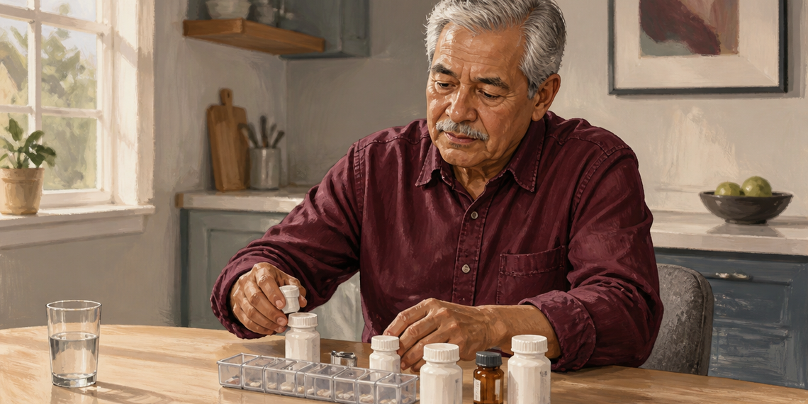 Hombre mayor sentado a una mesa organizando varios frascos de medicamentos y un pastillero, junto a un vaso de agua en una cocina luminosa.