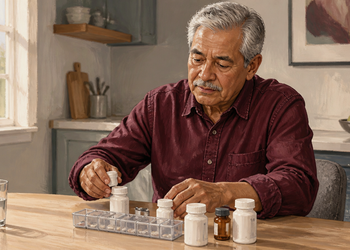 Hombre mayor sentado a una mesa organizando varios frascos de medicamentos y un pastillero, junto a un vaso de agua en una cocina luminosa.