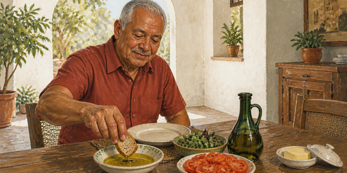 Hombre mayor sentado a la mesa mojando una rebanada de pan en un plato con aceite de oliva, junto a una botella de aceite, ensalada, tomates y un recipiente con mantequilla.