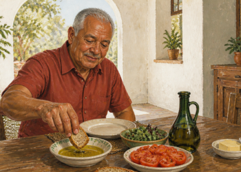 Hombre mayor sentado a la mesa mojando una rebanada de pan en un plato con aceite de oliva, junto a una botella de aceite, ensalada, tomates y un recipiente con mantequilla.