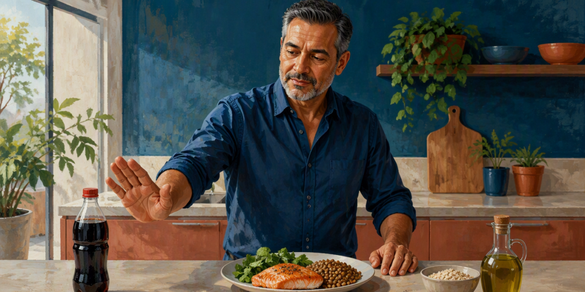 Hombre de mediana edad rechaza una botella de refresco mientras observa un plato con salmón, verduras y legumbres en una cocina.