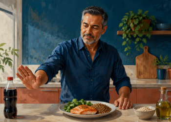 Hombre de mediana edad rechaza una botella de refresco mientras observa un plato con salmón, verduras y legumbres en una cocina.