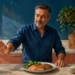 Hombre de mediana edad rechaza una botella de refresco mientras observa un plato con salmón, verduras y legumbres en una cocina.
