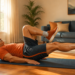 Hombre mayor acostado sobre una esterilla en el suelo de una sala de estar mientras realiza un ejercicio de pedaleo en el aire con las piernas, con una rodilla flexionada y la otra estirada.