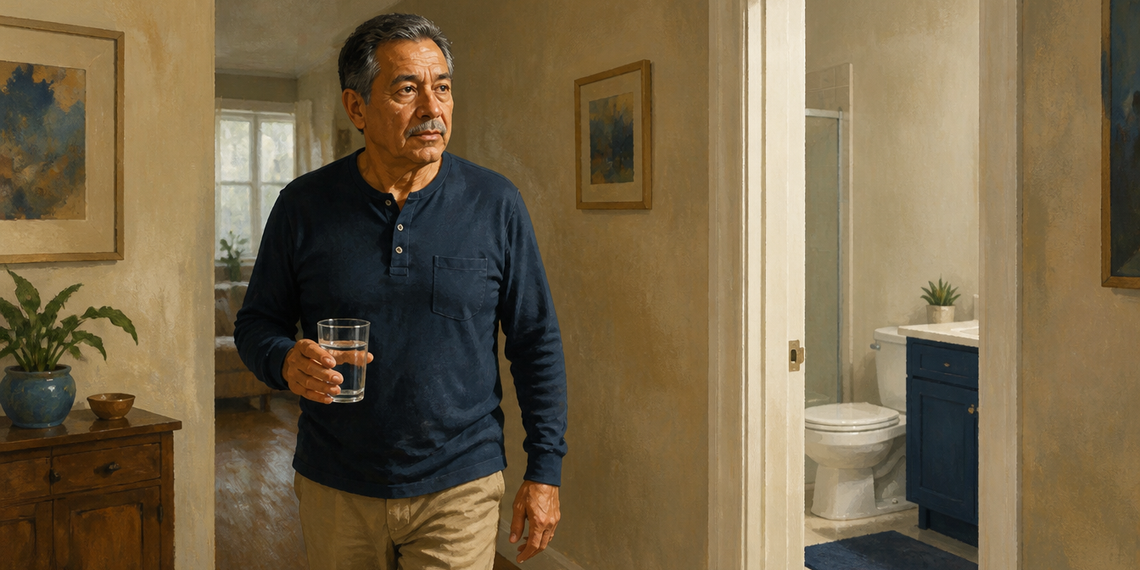 Hombre adulto de pie en un pasillo de su casa sosteniendo un vaso de agua, junto a la entrada de un baño visible al fondo.