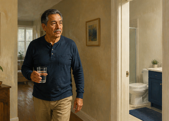 Hombre adulto de pie en un pasillo de su casa sosteniendo un vaso de agua, junto a la entrada de un baño visible al fondo.