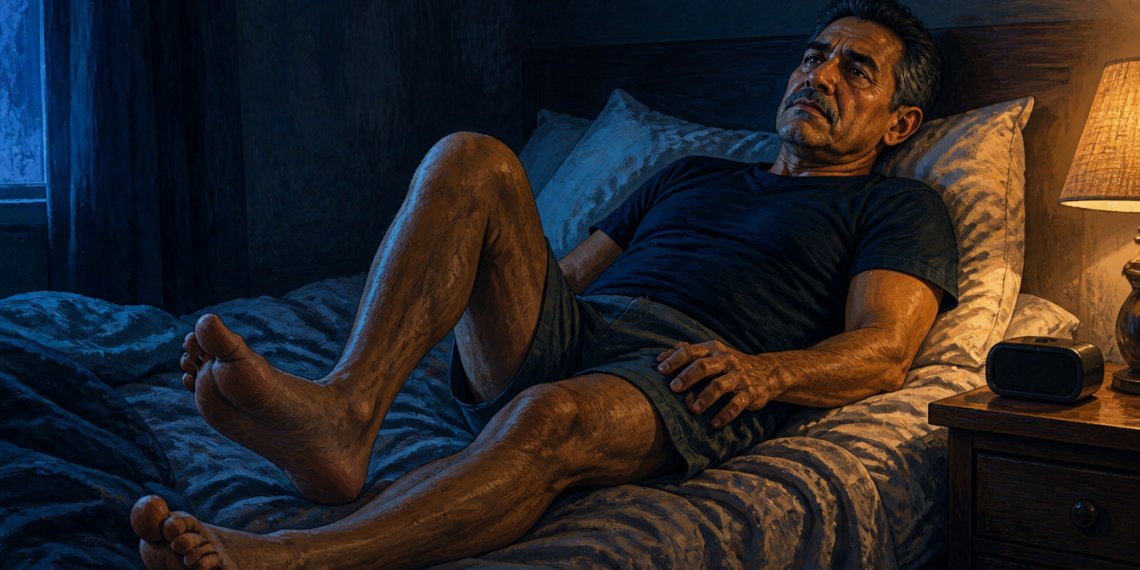 Hombre recostado en la cama por la noche mueve las piernas con gesto de incomodidad, junto a una lámpara encendida en la mesita de noche.