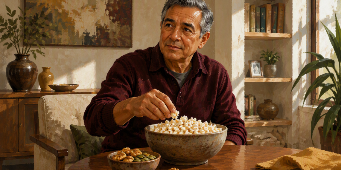 Hombre mayor sentado frente a una mesa mientras toma palomitas de un bol grande, acompañado de un recipiente con nueces y semillas en una sala luminosa.