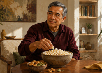 Hombre mayor sentado frente a una mesa mientras toma palomitas de un bol grande, acompañado de un recipiente con nueces y semillas en una sala luminosa.