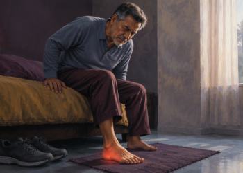 Hombre sentado al borde de la cama se inclina con gesto de dolor hacia un pie apoyado en el suelo, con el talón resaltado en rojo.
