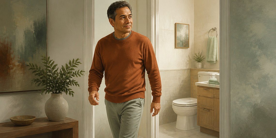 Hombre adulto saliendo de un baño en casa, con el inodoro visible al fondo y una expresión tranquila mientras camina por el pasillo.