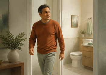 Hombre adulto saliendo de un baño en casa, con el inodoro visible al fondo y una expresión tranquila mientras camina por el pasillo.