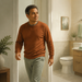 Hombre adulto saliendo de un baño en casa, con el inodoro visible al fondo y una expresión tranquila mientras camina por el pasillo.