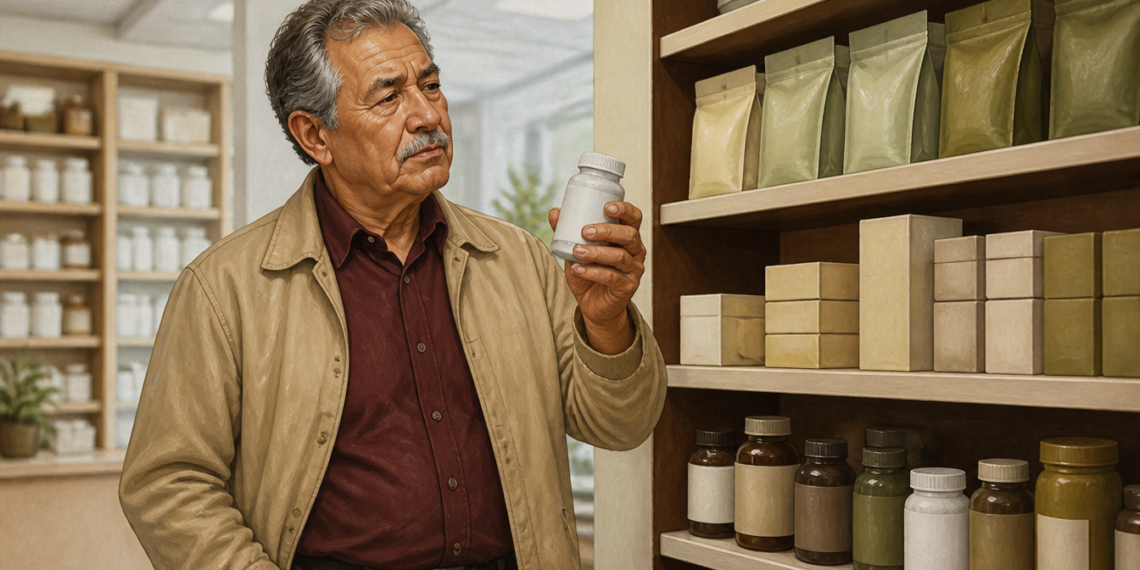 Hombre mayor observa un frasco blanco que sostiene en la mano frente a estantes llenos de botellas, cajas y bolsas de productos sin etiquetas visibles.