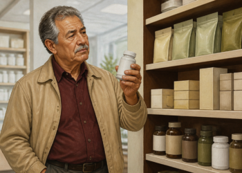 Hombre mayor observa un frasco blanco que sostiene en la mano frente a estantes llenos de botellas, cajas y bolsas de productos sin etiquetas visibles.