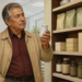 Hombre mayor observa un frasco blanco que sostiene en la mano frente a estantes llenos de botellas, cajas y bolsas de productos sin etiquetas visibles.