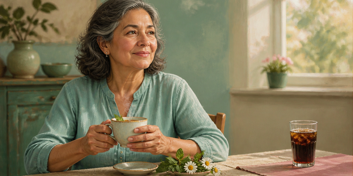 Mujer adulta sentada a la mesa sosteniendo una taza de infusión, con hierbas sobre un plato y un vaso de bebida oscura al otro lado de la mesa.