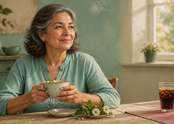Mujer adulta sentada a la mesa sosteniendo una taza de infusión, con hierbas sobre un plato y un vaso de bebida oscura al otro lado de la mesa.