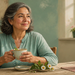 Mujer adulta sentada a la mesa sosteniendo una taza de infusión, con hierbas sobre un plato y un vaso de bebida oscura al otro lado de la mesa.